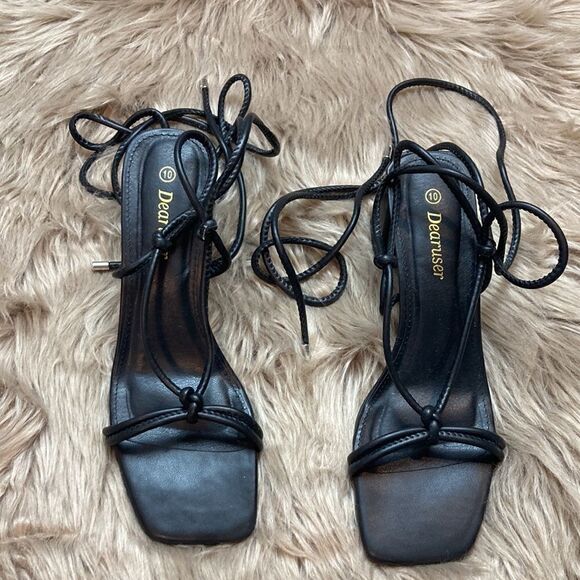 Dearuser Square Open Toe Lace up Wrap Chunky High Heels Strappy Block Sandals - Picture 3 of 13